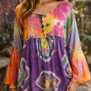 JouJou tie-dye top/blouse vibrant multi-color design embroidery bell sleeves lg